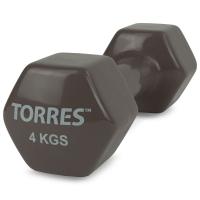 Гантель TORRES 4 кг, PL522206, металл в виниловой оболочке, форма шестигранник, темно-серый