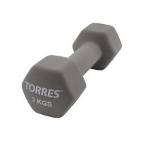 Гантель TORRES 3 кг, PL55013, металл в неопреновой оболочке, форма шестигранник, серый