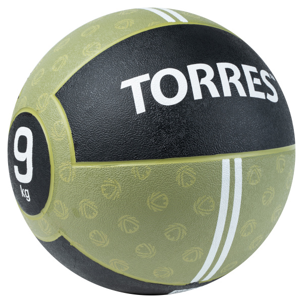 Медбол TORRES 9 кг, AL00239, резина, диаметр 27,5 см, хаки-черный