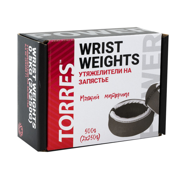 Утяжелители на запястье TORRES 0,5 кг, PL607605, (2штх250г), нейлон, металл. песок, красн-сер.